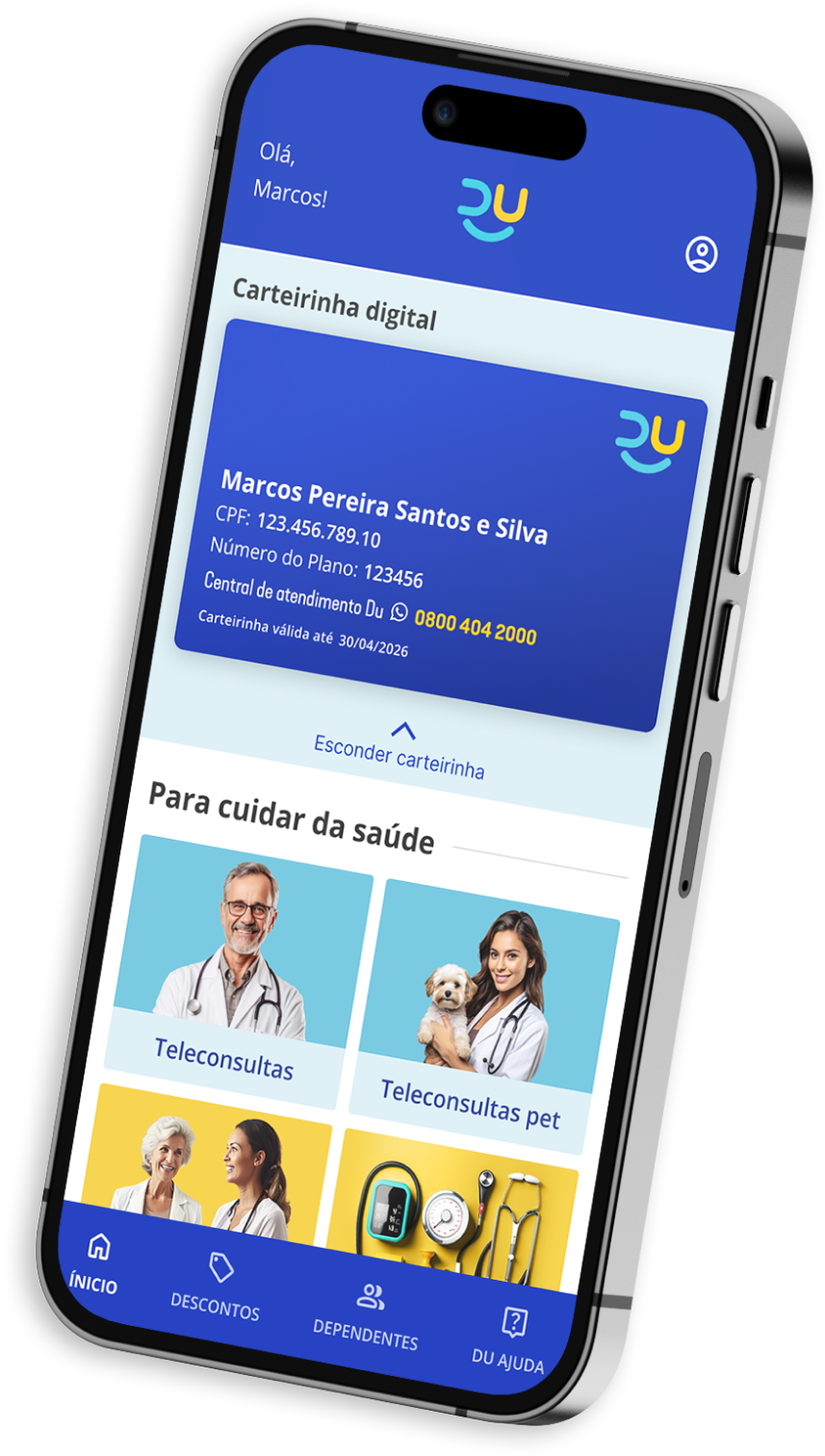 Imagem de um telefone contendo o app da Du Benefícios