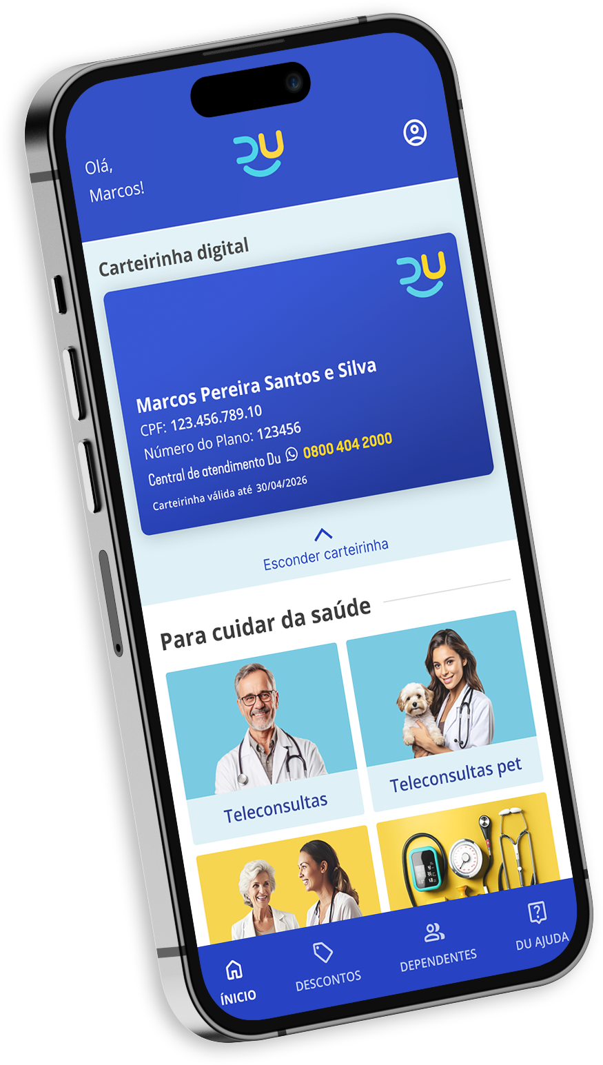 Imagem de um telefone contendo o app da Du Benefícios